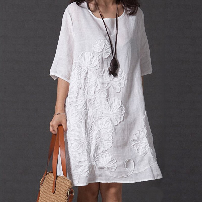 3xl Plus Size Dress Women Cotton Linen Casual Loose Shirt Dress Vintage Embroidery Female Half Sleeve Robe Vestidos Summer