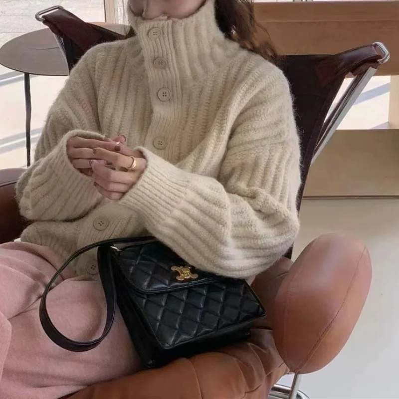 Toloer Toloer New Fashion High Collar Pit Strip Soft Waxy Long Sleeve Thick Line Knit Cardigan Female Add Thick Loose Sweater Coat Female-Outfit Ideas