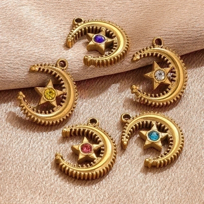 5 Pcs/package Retro Star Moon Stainless Steel Plating Inlay Pendant Jewelry Accessories