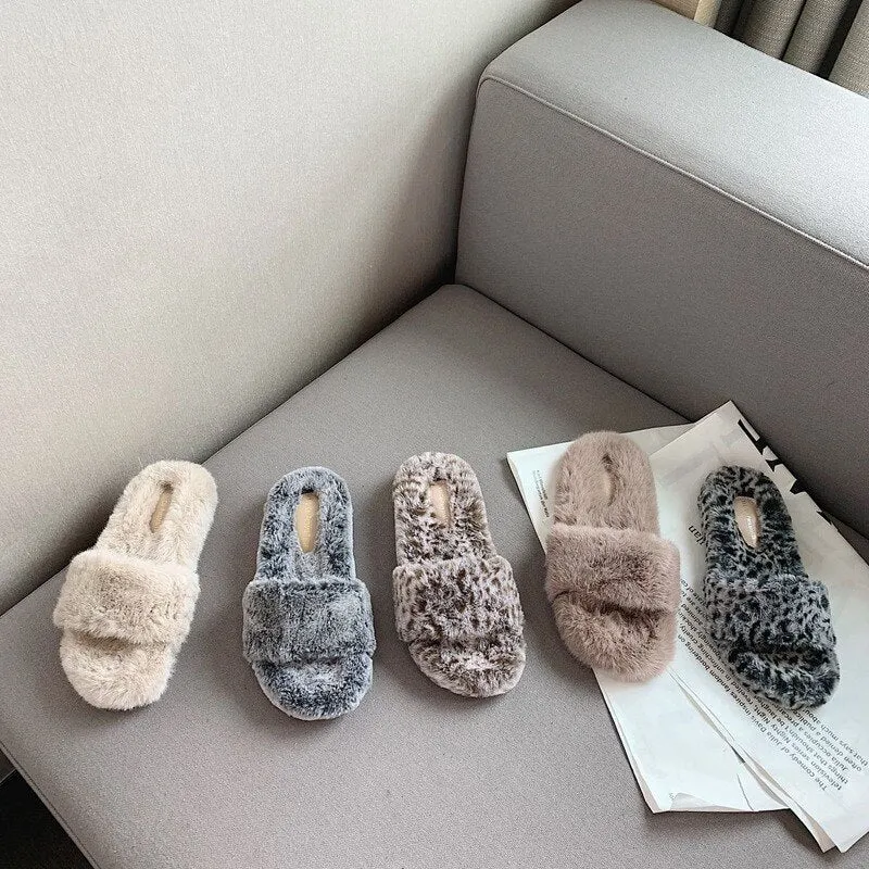 Female Cotton Slippers 2021 Autumn Women's Winter Lambswool Flat Furry Slippers Mink Fur Home Half Slippers Leopard Flat Shoes