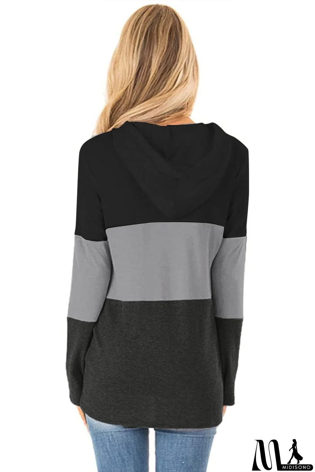 MidiSono - Color Block Long Sleeve Drawstring Hoodie