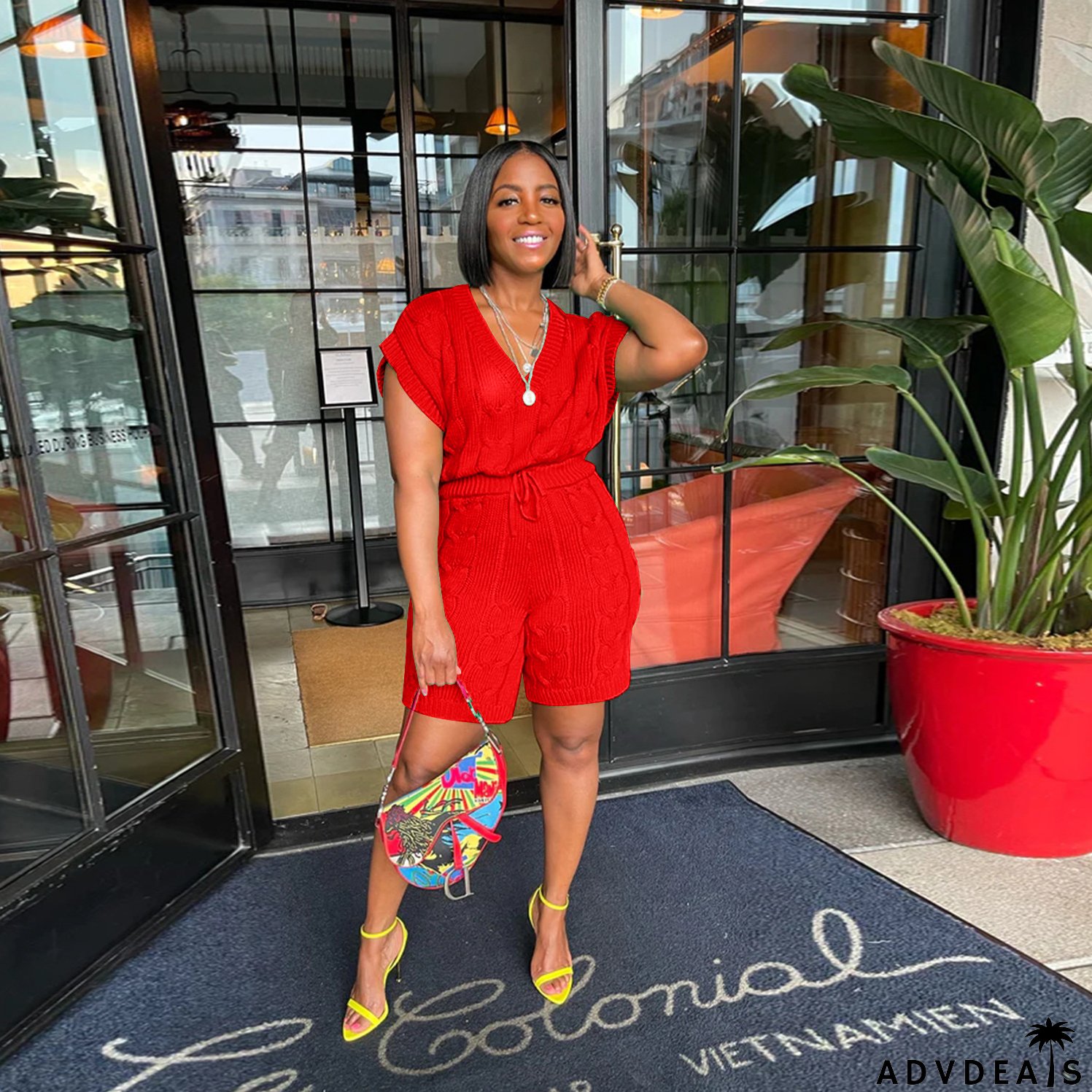 Sexy Solid Deep V Neck Sleeveless Loose Sweater Slim Shorts Two Piece Set