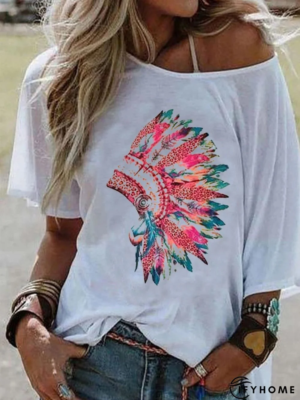 Casual Loose Print Big Round Neck Short Sleeve T-Shirt | IFYHOME