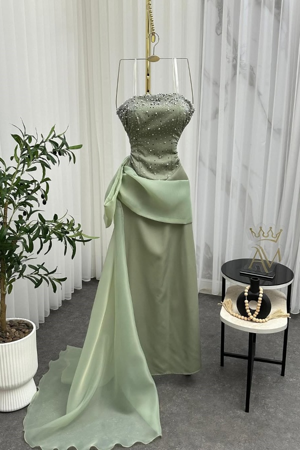 Ovlias Elegant Sage Green Strapless Prom Dress with Beaded Bodice and Sheer Side Drap JQ0047