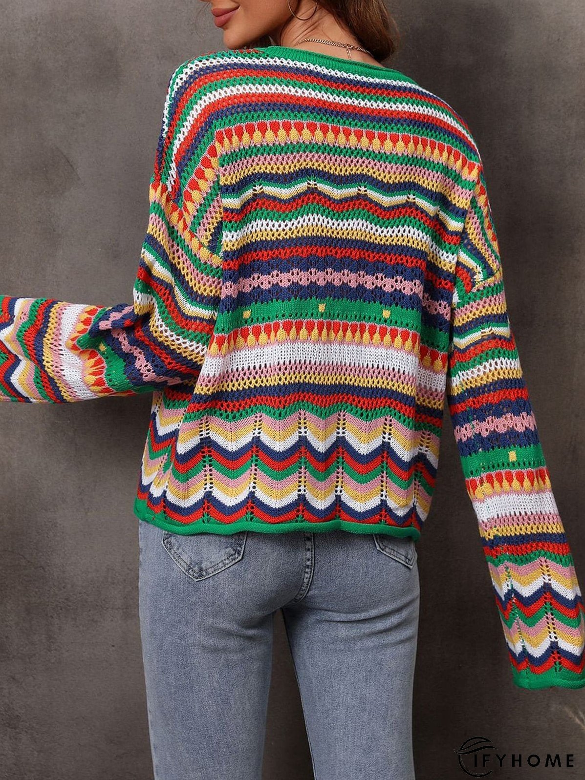 Hollow Stripe Long Sleeve Round Neck Sweater | IFYHOME