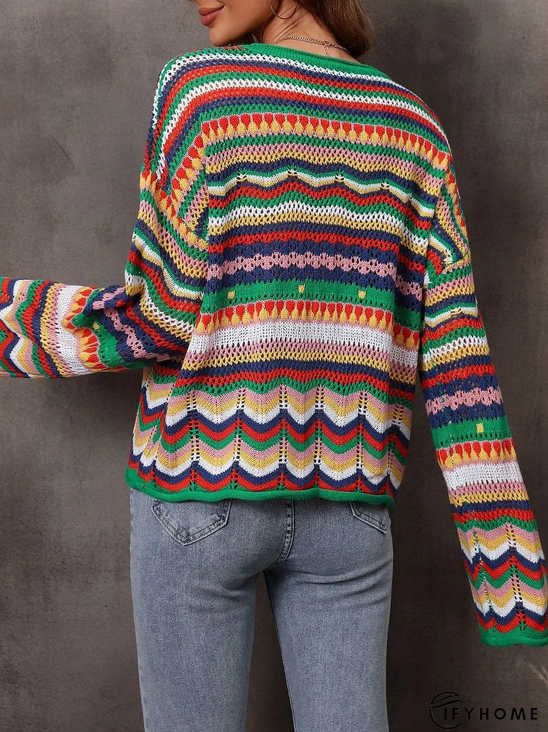 Hollow Stripe Long Sleeve Round Neck Sweater | IFYHOME