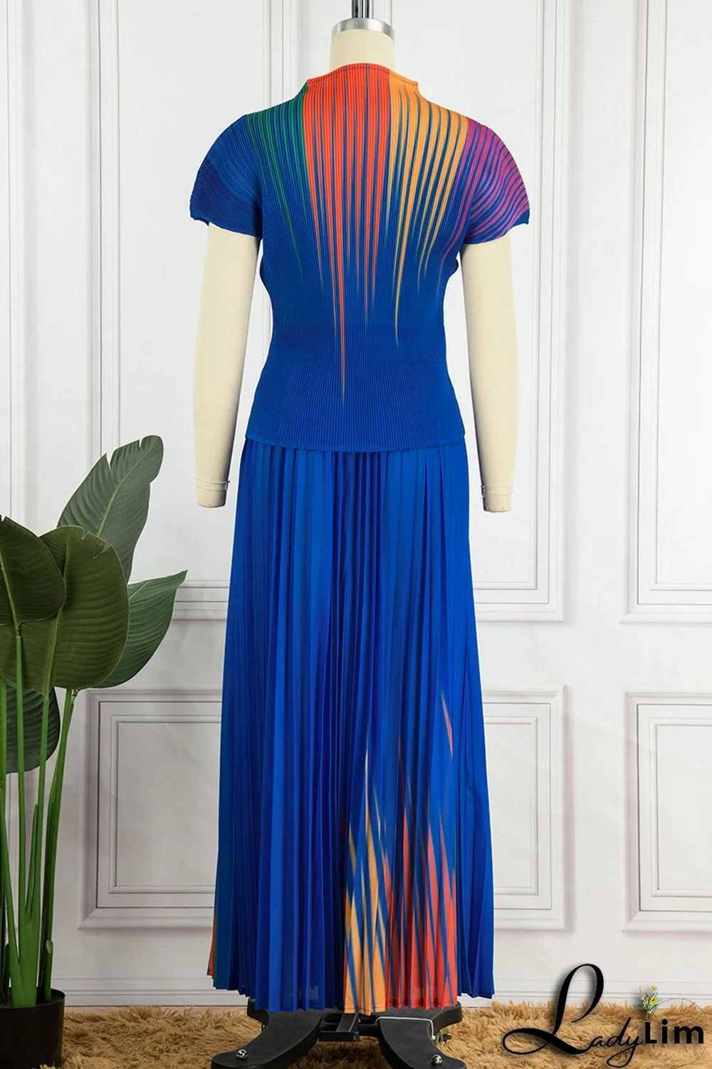 Apricot Casual Elegant Gradual Change Print Patchwork Fold O Neck Short Sleeve Two Pieces