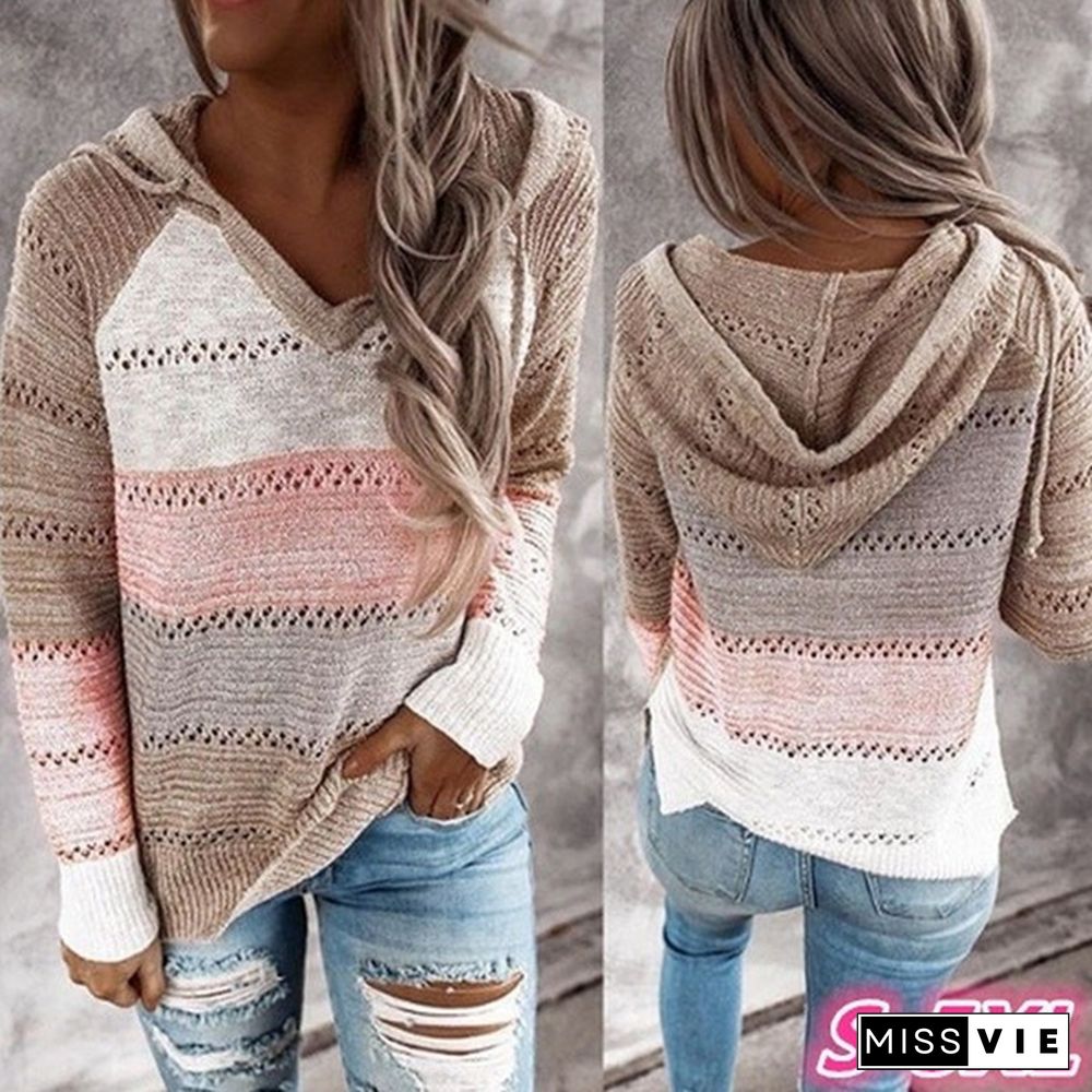New Fashion Stitching V-neck Hooded Sweaters for Women Autumn Hollow-out Knitted Sweater Color Block Pullover Hoodies Coat