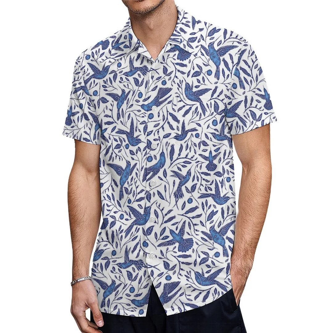 Short Sleeve Delft Blue Bird Hawaiian Shirt Mens Button Down Plus Size Tropical Hawaii Beach Shirts