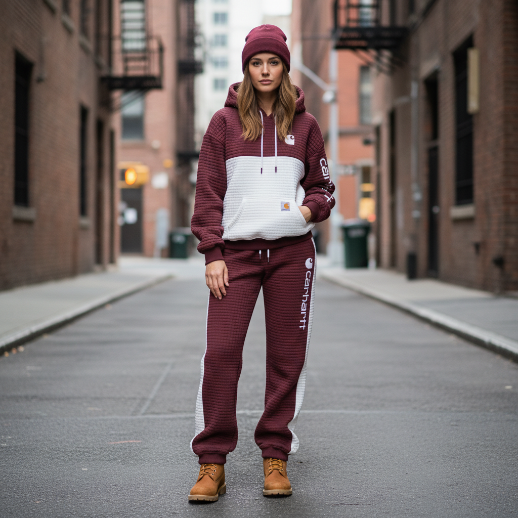 Women's Vintage Burgundy White Waffle Knit Quilted Plaid Pocket Hoodie And Sweatpants Jogger Set