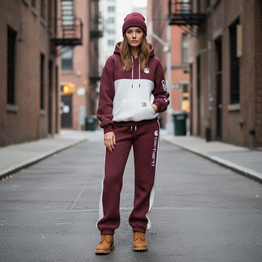 Women's Vintage Burgundy White Waffle Knit Quilted Plaid Pocket Hoodie And Sweatpants Jogger Set