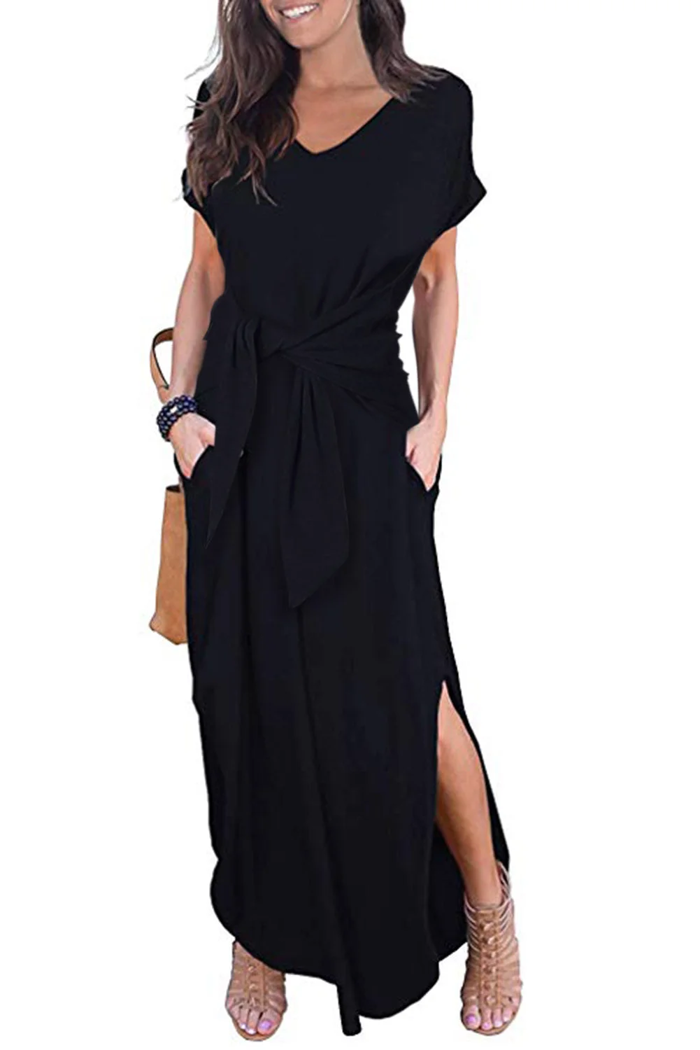Women Black Casual Loose Pocket Short Sleeve Split Maxi Dress