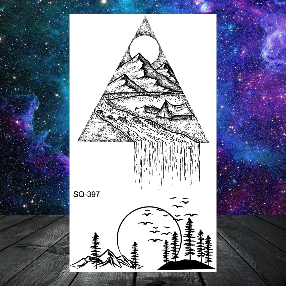 3D Geometry Mountain Sea Temporary Tattoos For Women Adult Men Kids Girl Sun Forest Eyes Fake Tattoo Neck Arm Hands Small Tatoos