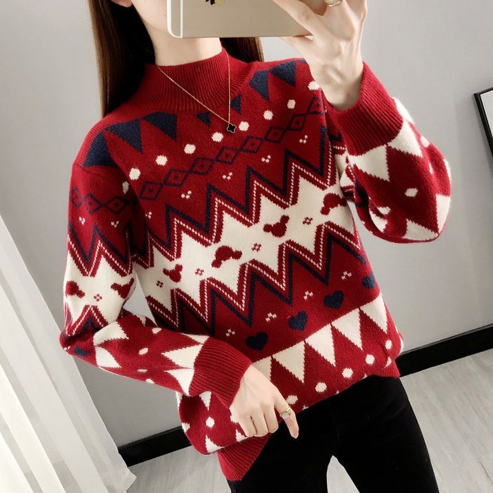 Long Sleeve Casual Geometric Cotton-Blend Sweater