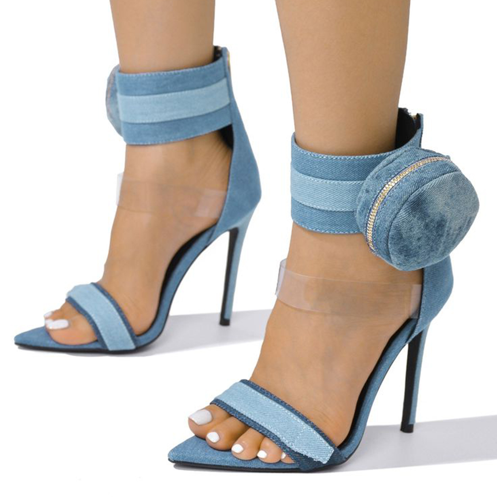 Blue Denim Pointed Toe 4'' Stiletto Heel Ankle Strap Sandals Nicepairs