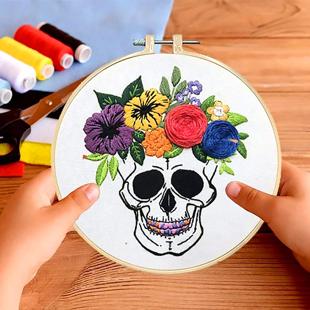 Skull With Flowers Embroidery Kit