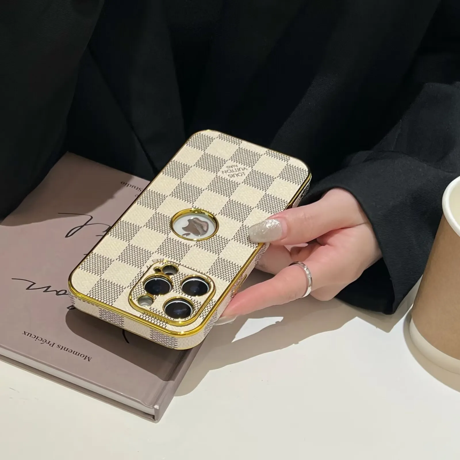 LV Electroplated Leather Monogram Canvas Checkerboard Apple iPhone Case