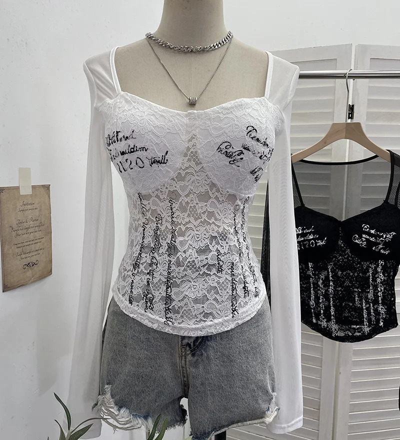 Nigikala Nigikala Shot With Chest Pad Hottie Letter-Print Lace Splicing Mesh T-Shirt T-Shirt 6231