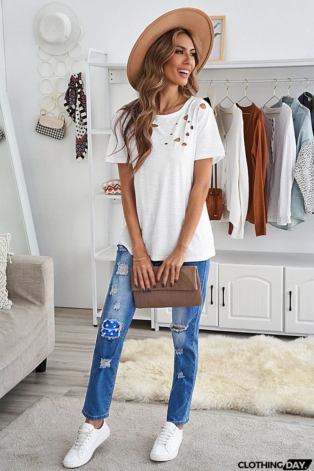 Whitec Holes Crew Neck Cotton Mixed Casual Short Sleeve T-shirt