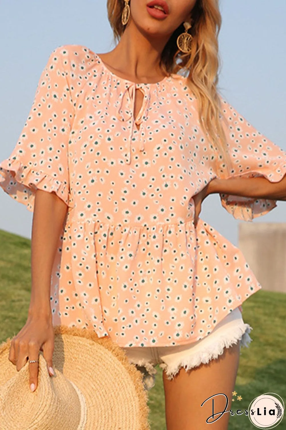 Fashion Sweet Print Split Joint V Neck Tops