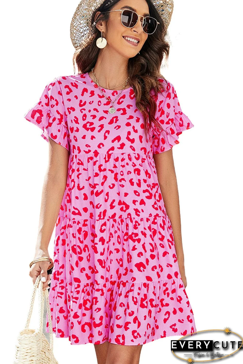 Pink Leopard Print Ruffle Short Sleeve Tiered Dress