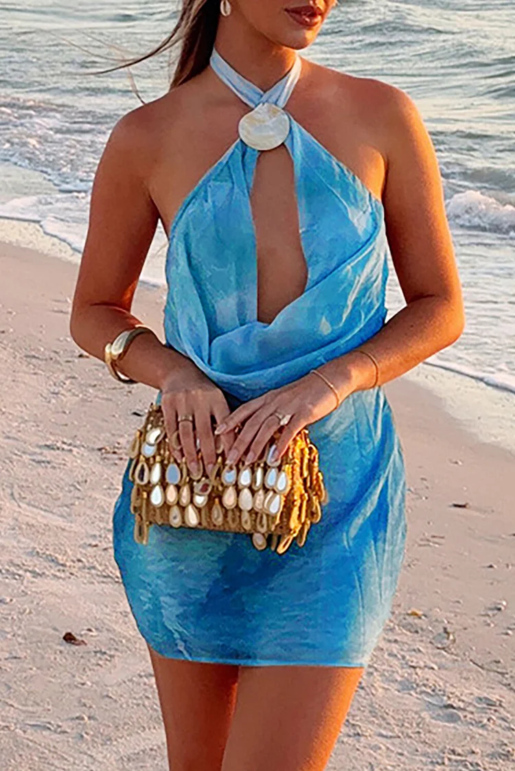 Seashell Decor Halter Cutout Draped Design Fitted Mini Dresses-Blue