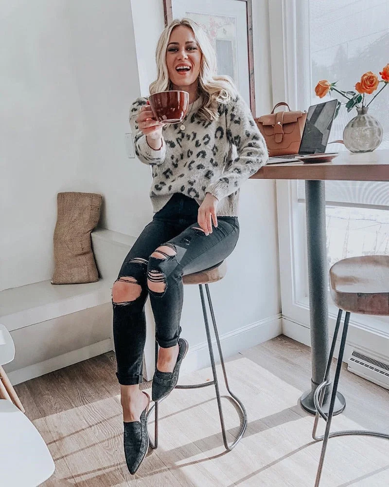 Fitshinling Fashion Leopard Winter Sweaters Holiday 2020 Slim Autumn Pullover Long Sleeve Jumper Knitwear Khaki Ladies Sweater