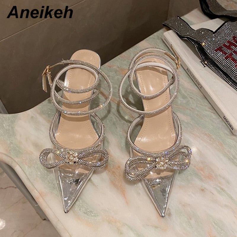 Aneikeh Spring/Autumn 2021 Women's Shoes Fashion Butterfly-Knot Narrow Band Bling Patchwork Cross-Tied Crystal Pointed Toe Pumps