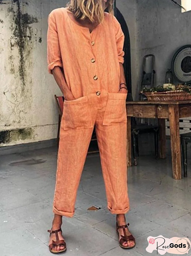 Orange Buttoned Solid Casual Long Sleeve Jumpsuits