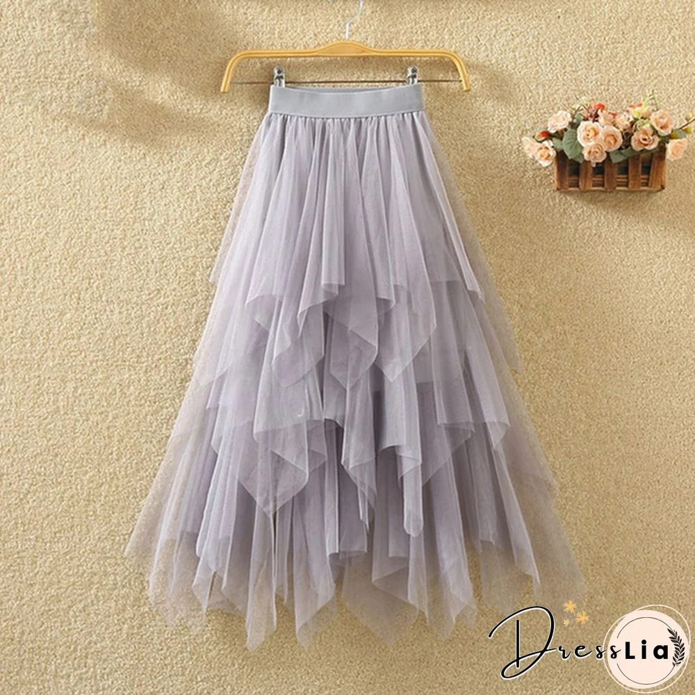 Black Irregular Mesh Gauze Women's Spring And Summer High Waist Wild Was Thin A Word Puff Skirt Skirt Long Skirt