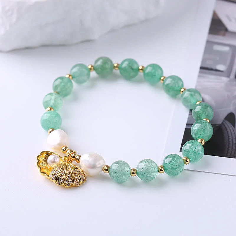 Green Strawberry Quartz Soothing Shell Charm Bracelet