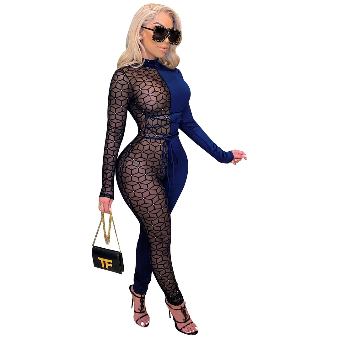 Budgetg Adogirl Sheer Mesh Patchwork Women Sexy Lace Up Jumpsuit Turtleneck Long Sleeve One Piece Overall Night Club Party Romper