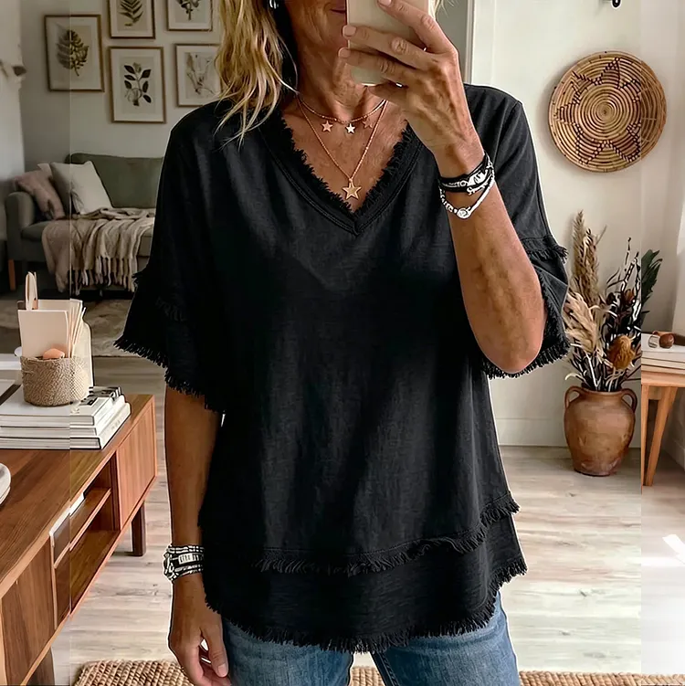Women's Solid Color V-neck Short-sleeve Casual Top