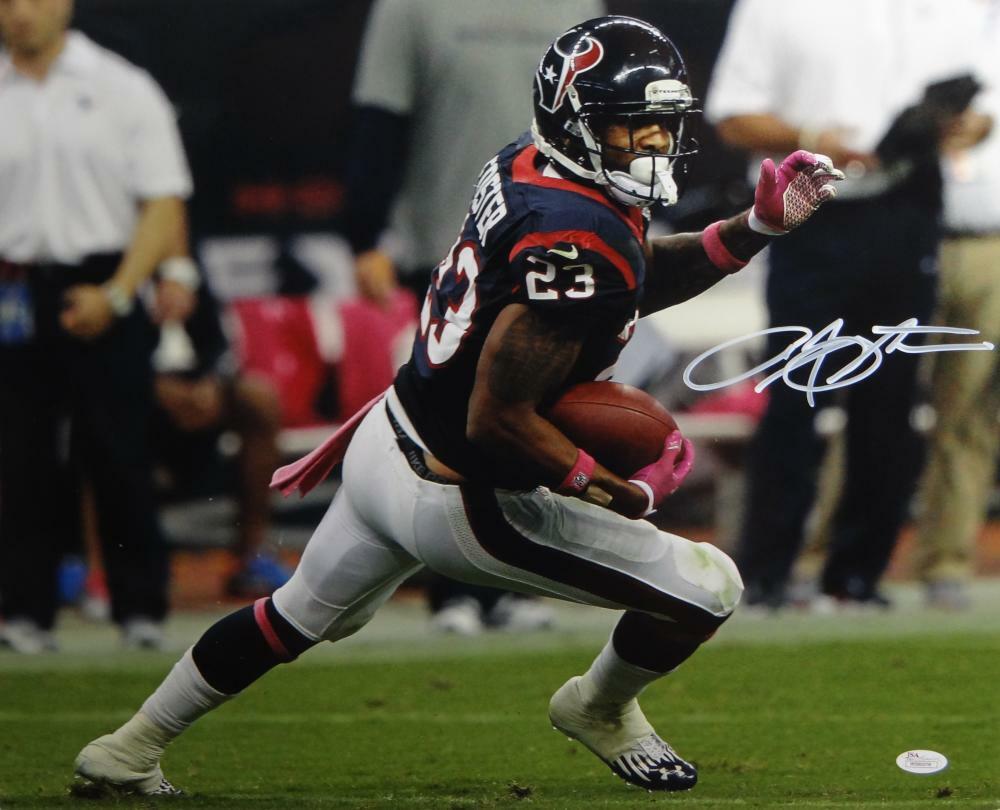 Arian Foster Autographed Texans 16x20 Running w/ Pink Gloves Photo Poster painting- JSA W Auth