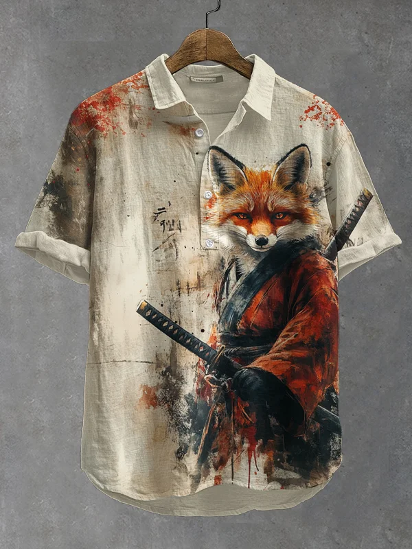 Men's Fox Warrior Japanese Art Printed Short Sleeve Shirt