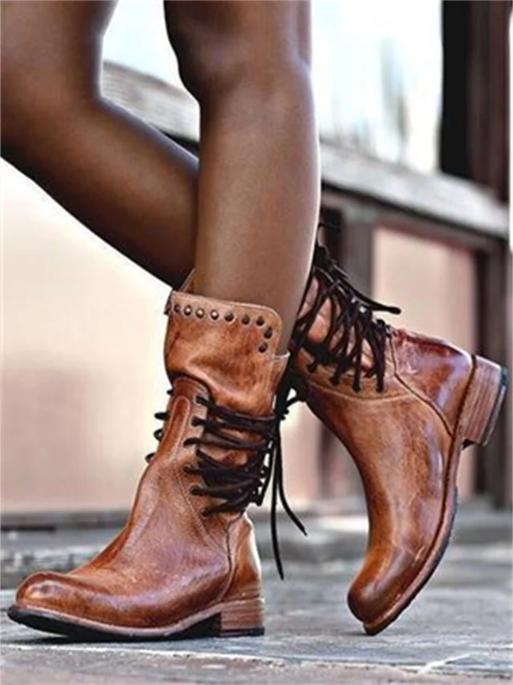 Vintage Lace-up Mid-Calf Boots