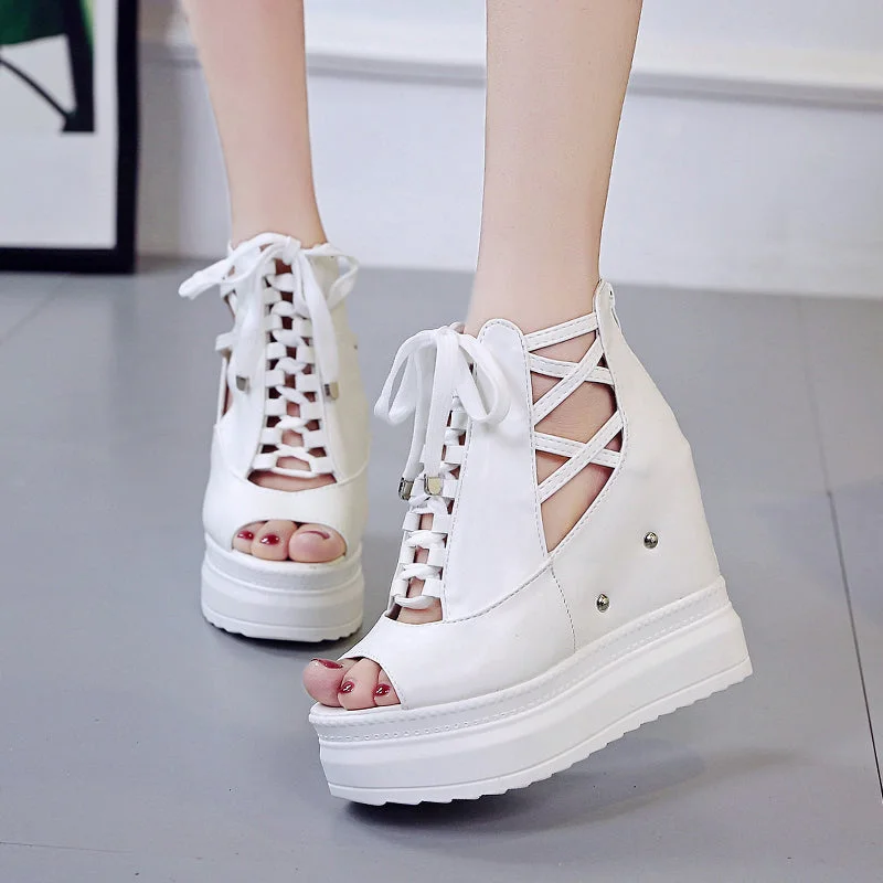 Summer Height Increasing Ankle Boots For Women Hollow Out Pep Toe Shoes Woman Fashion Cross Strap Chunky Platform Booties