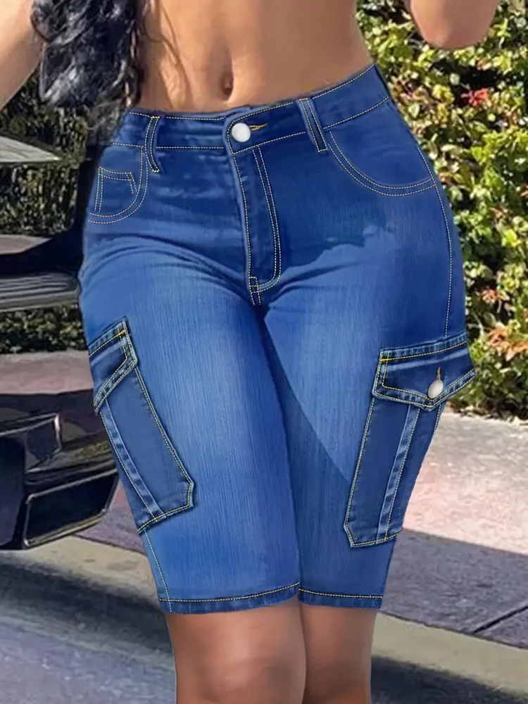 Women's High-Waist Stretch Denim Shorts With Multi-Pocket Design - Blue Workwear Style, Mid-Length Casual Fashion, High Elasticity Slim Fit For Summer, High Waisted Shorts, Summer Fashion, Sleek Appearance, Durable Fabric