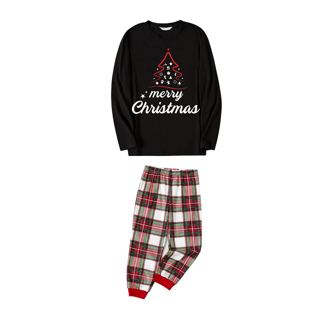 Red Christmas Tree Stick Figure - Black Top with Red & White & Green Plaid Pants Family Matching Pajama