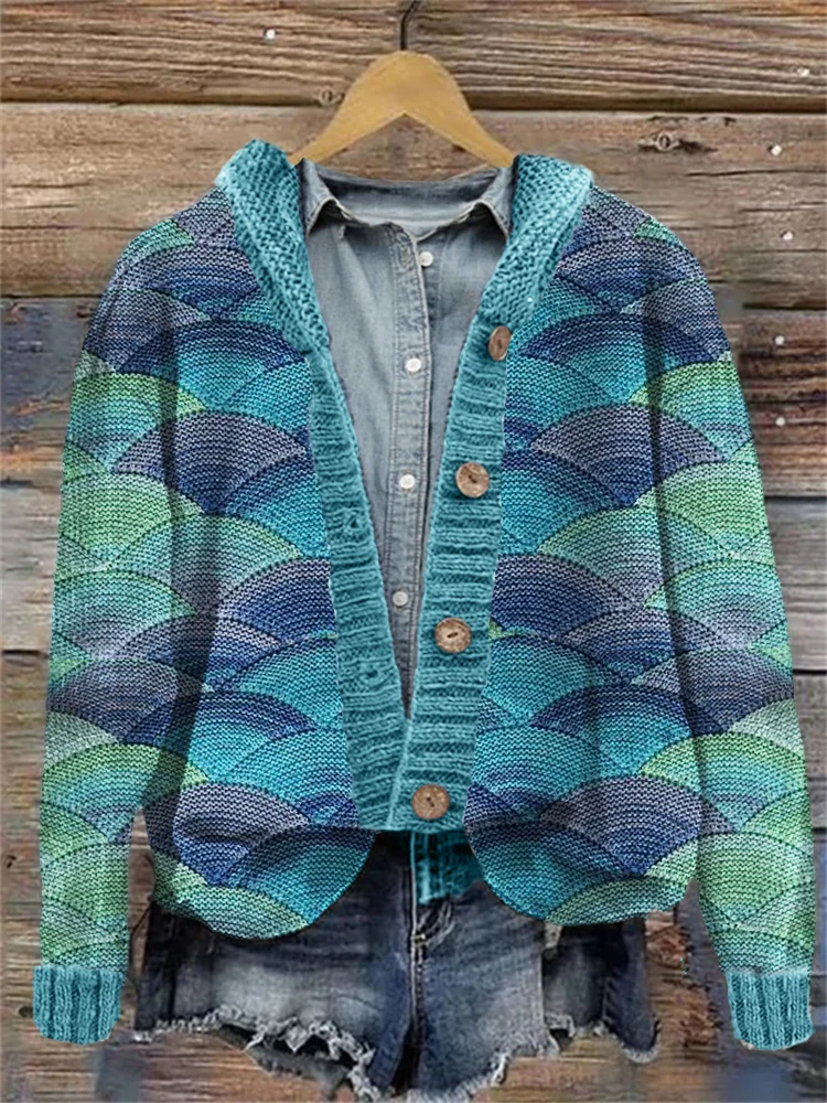 Sea Waves Inspired Knit Art Cozy Hooded Cardigan