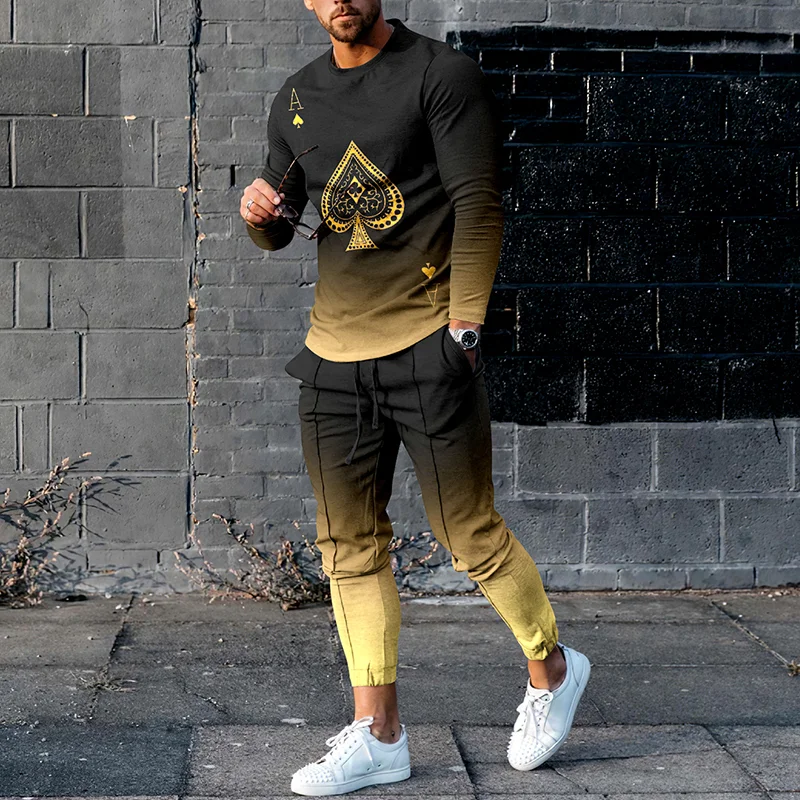 Trendy Gold Gradient Poker Print T-Shirt And Pants Two Piece Set