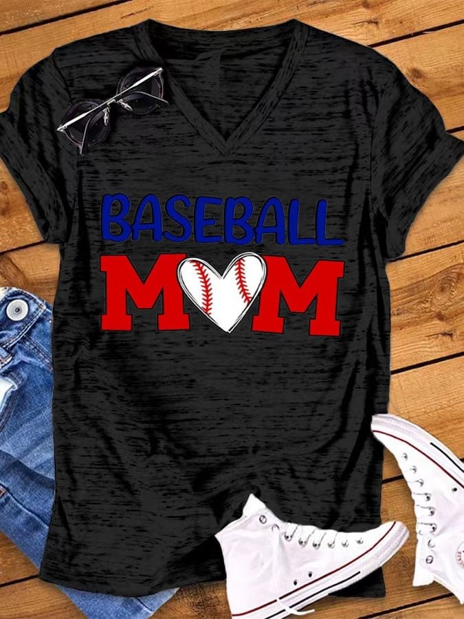 Baseball Mom Print V-Neck T-Shirt