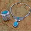 Women's Vintage Turquoise Jewelry Cowboy Style Necklace Earrings Ring Bracelet Set