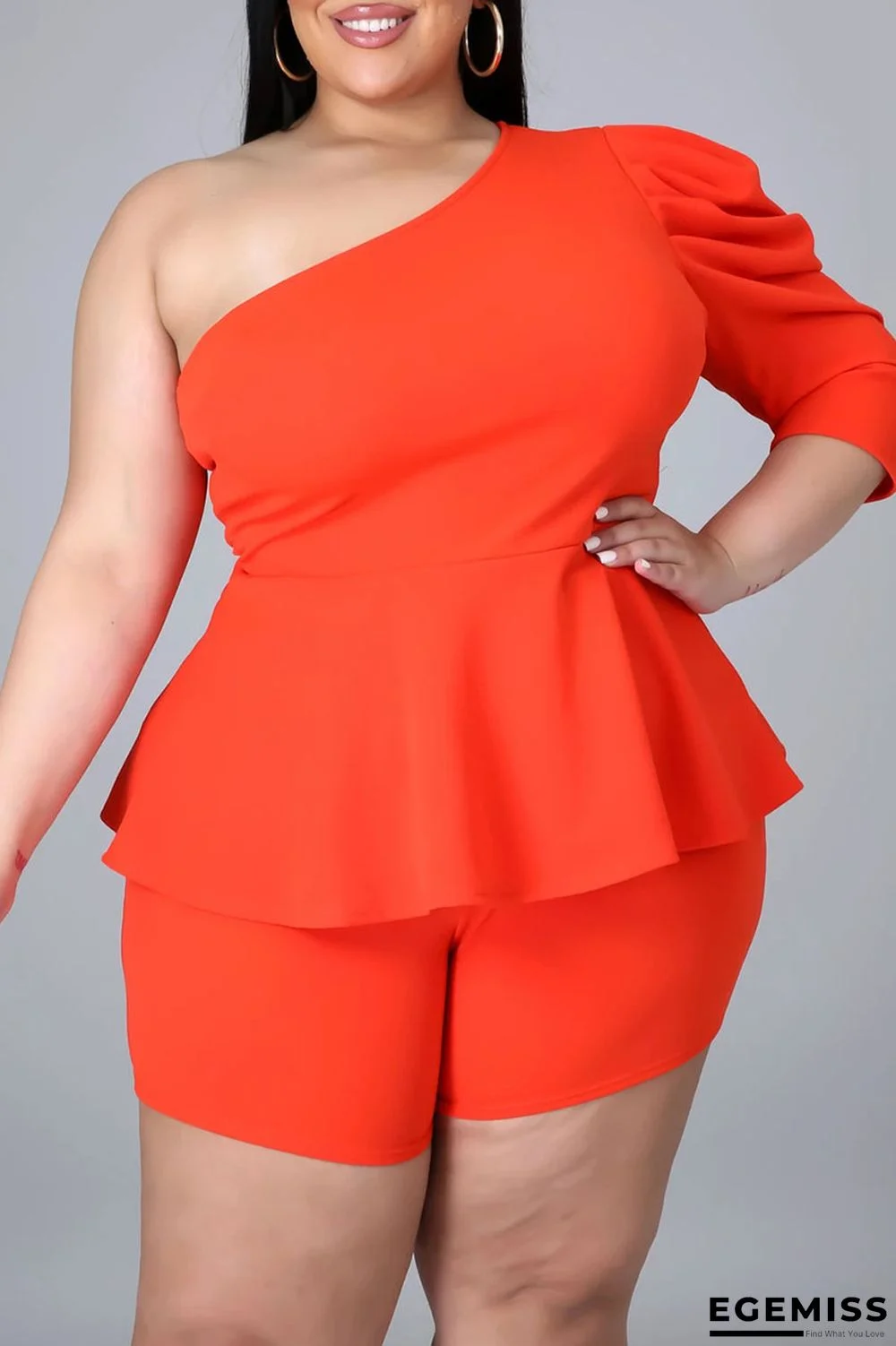 Tangerine Casual Solid Patchwork Asymmetrical Oblique Collar Plus Size Two Pieces | EGEMISS