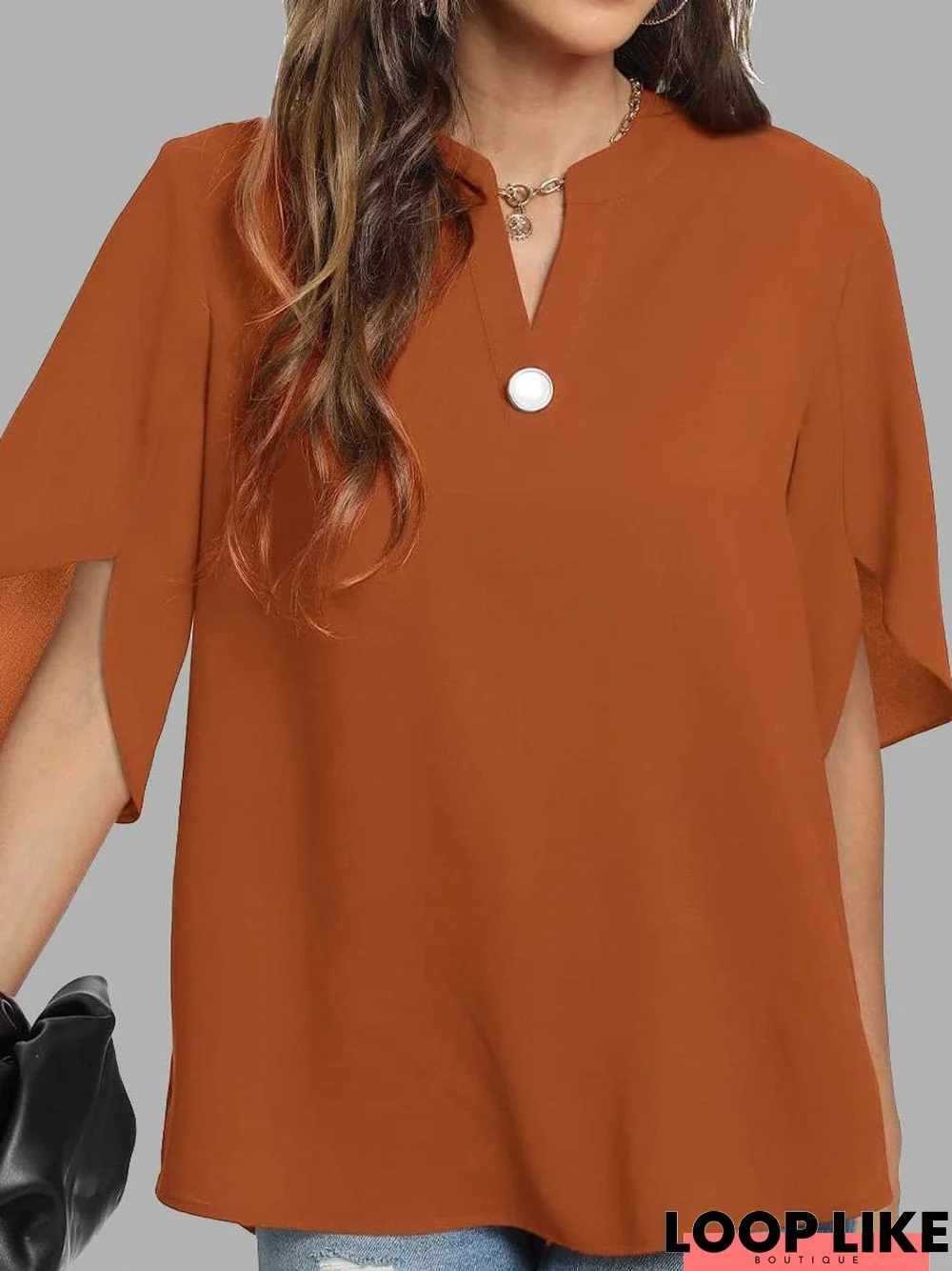 Casual Solid Color Button V-Neck Short Sleeve Blouse