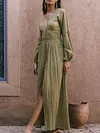 Fashion Split-Front Solid Color Buttoned Pleated Flared Sleeves V-Neck Maxi Dress
