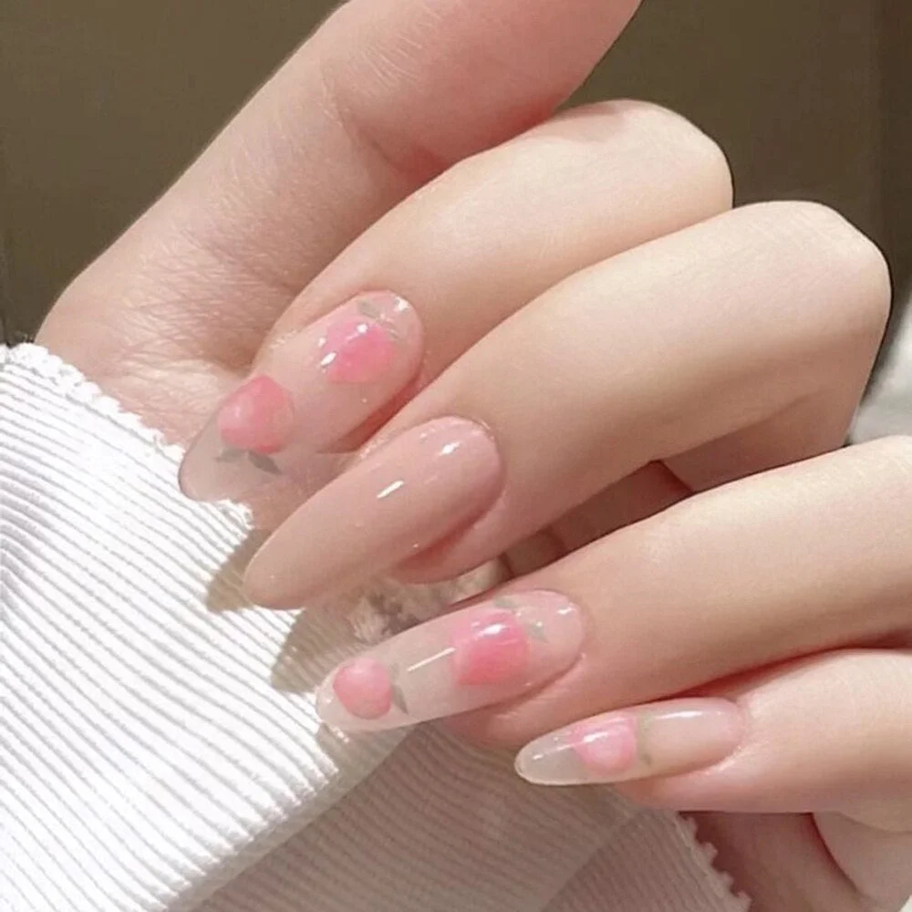 24PCS/Box Artificial Nails With Glue Milky White Pink Gradients Long Ballet Nail Stick Fake Nail Tips Full Cover Acrylic 2021-Nail Inspo
