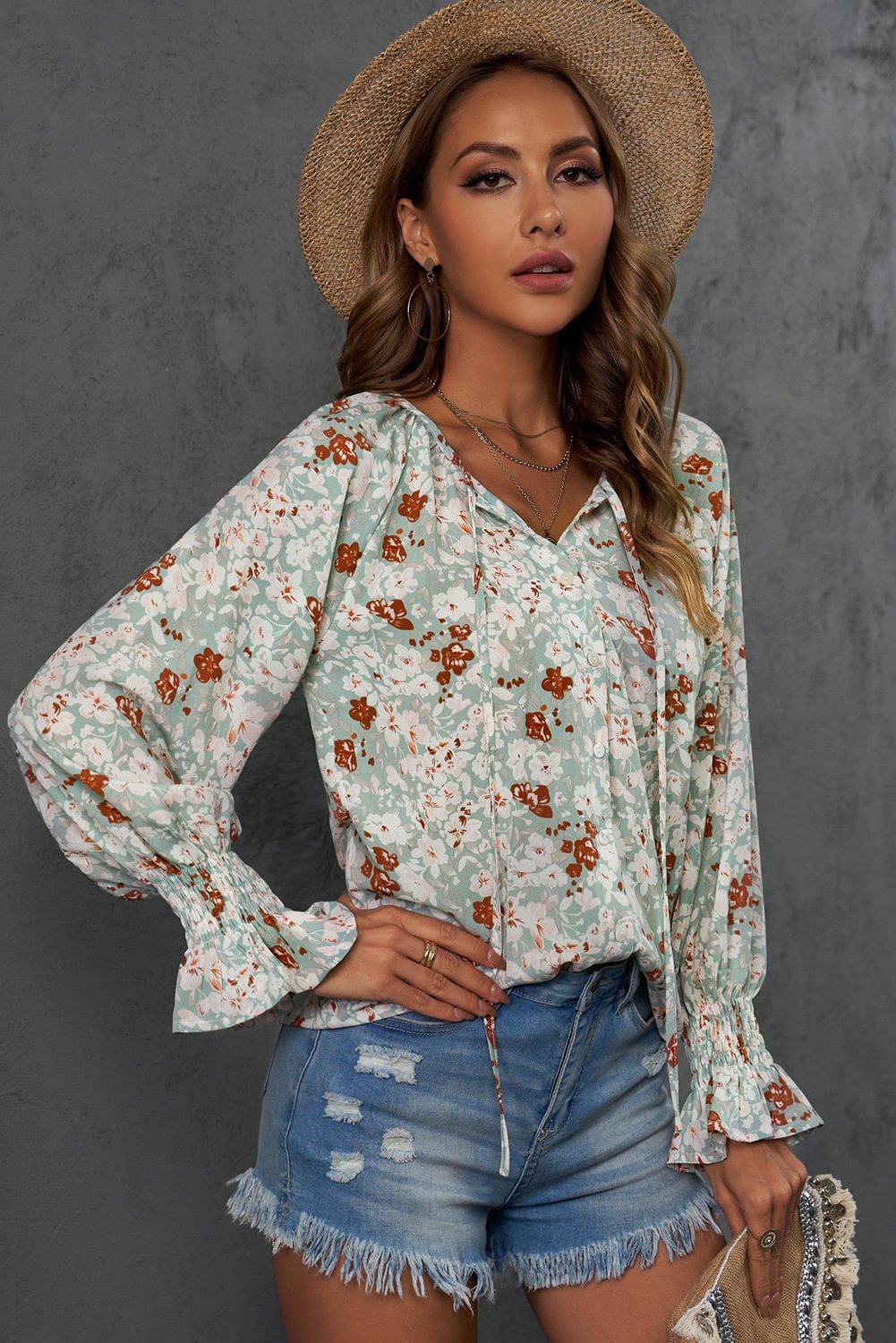 Green Floral Print Tie V Neck Button Up Blouse-PABIUYOU- Women's Fashion Leader
