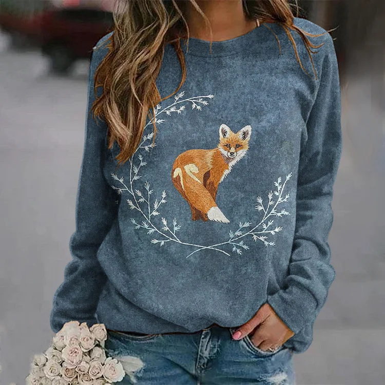 VChics Fox Embroidery Printed Casual Sweatshirt