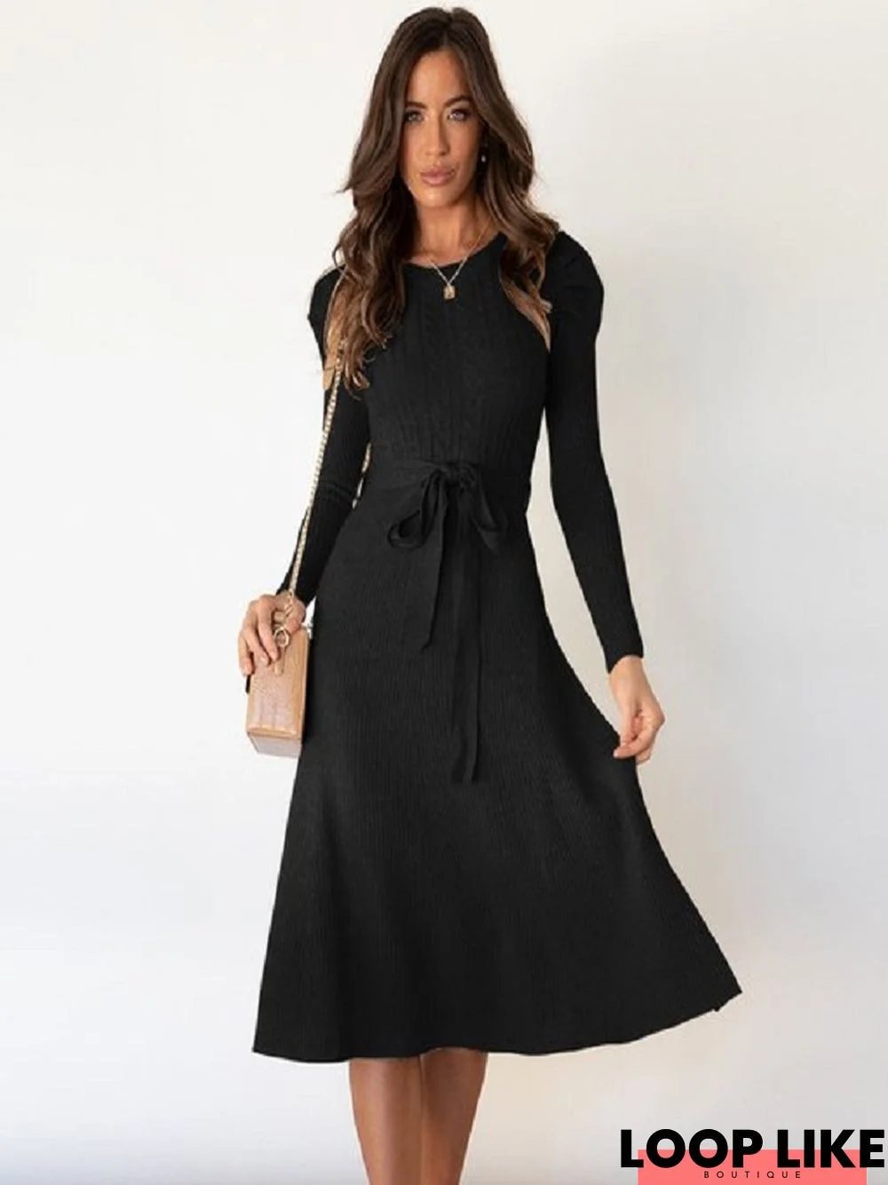 Bubble Long Sleeve Bottoming Knit Sweater Dress Black Dresses